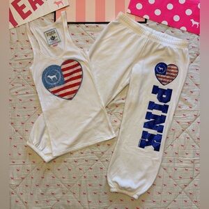 ❌SOLD❌ VS PINK VINTAGE Y2K SET SWEATPANTS & TANK TOP HEART AMERICAN FLAG BLING M